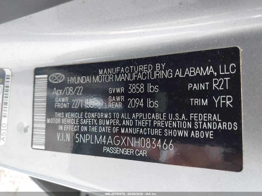 2022 Hyundai Elantra VIN 5NPLM4AGXNH083466 IAAI salvage auction — FRONT END, Salvage Title, sold $3,200 on 2026-07-15 (photo 9)