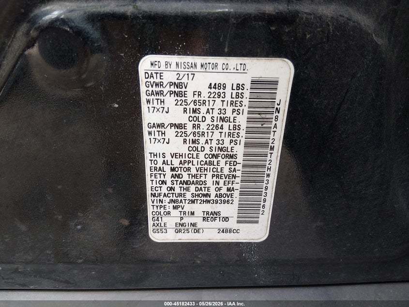 2017 Nissan Rogue VIN JN8AT2MT2HW393962 IAAI salvage auction — FRONT END, Salvage Title, sold $1,500 on 2026-07-29 (photo 9)