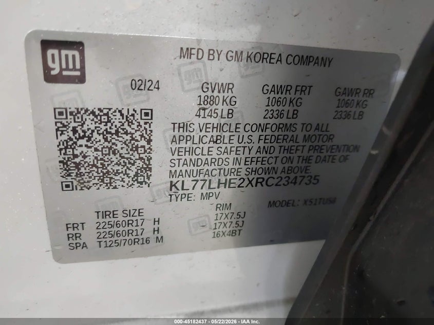 2024 Chevrolet Trax VIN KL77LHE2XRC234735 IAAI salvage auction — REAR END, Salvage (North Carolina), sold $25 on 2026-07-30 (photo 9)