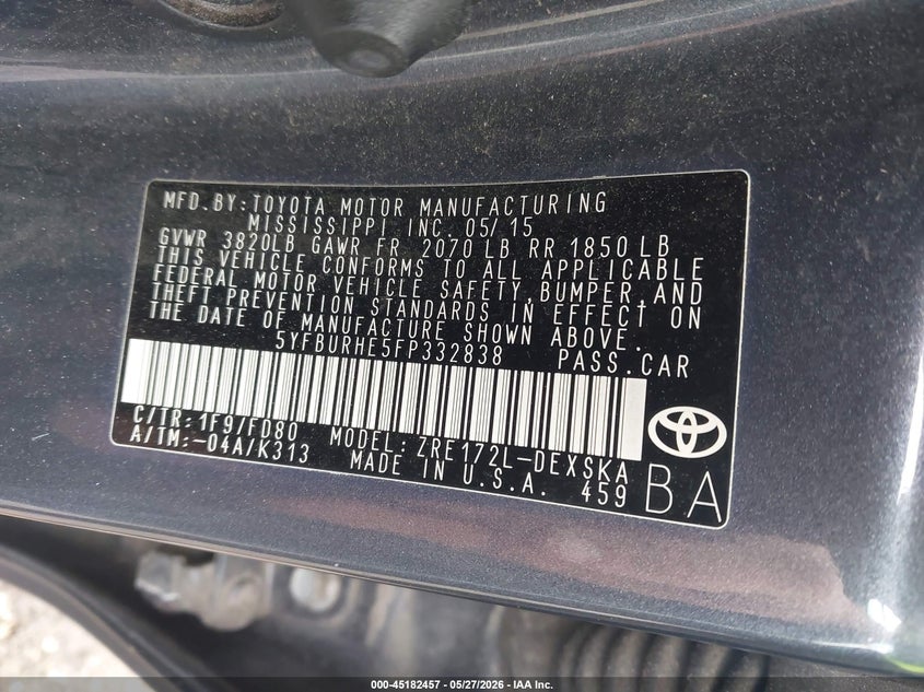 2015 Toyota Corolla VIN 5YFBURHE5FP332838 IAAI salvage auction — FRONT & REAR, Salvage Title, sold $2,550 on 2026-07-13 (photo 9)