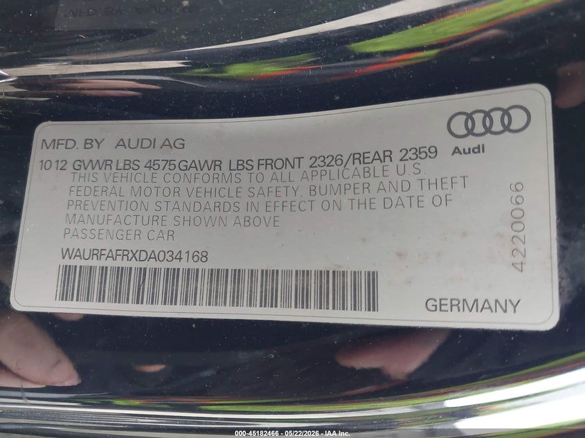 2013 Audi A5 VIN WAURFAFRXDA034168 IAAI salvage auction — LEFT FRONT, Salvage (Ohio), sold $1,750 on 2026-07-17 (photo 9)