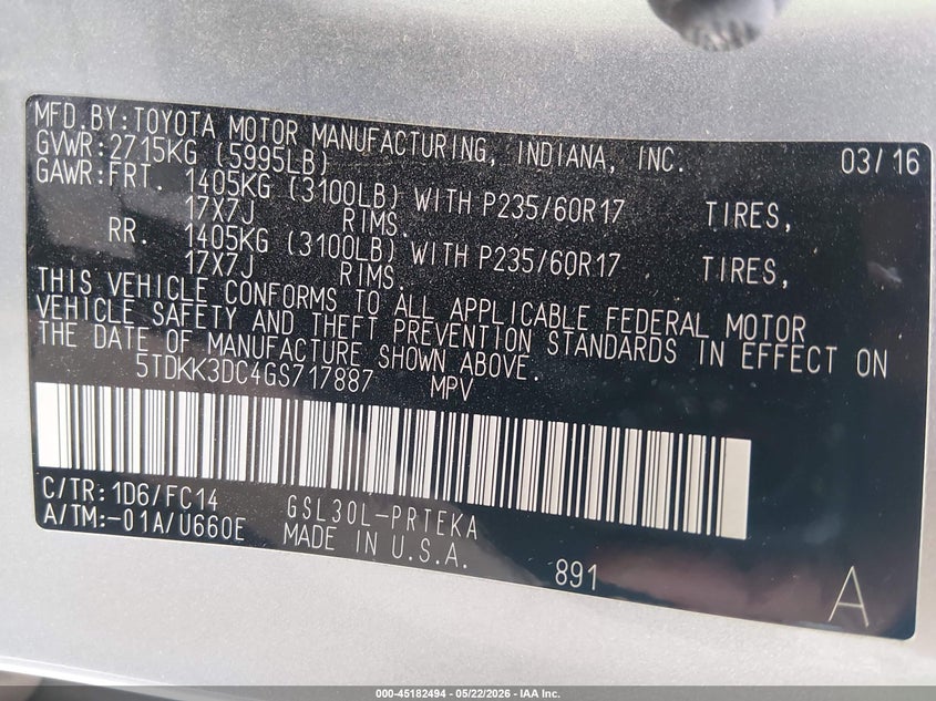 2016 Toyota Sienna VIN 5TDKK3DC4GS717887 IAAI salvage auction — REAR END, Salvage (Ohio), sold $25 on 2026-07-28 (photo 9)
