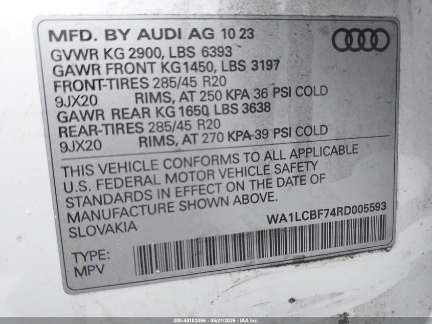 2024 Audi Q7 VIN WA1LCBF74RD005593 IAAI salvage auction — LEFT & RIGHT, Salvage - 75% Or Less (Maryland), sold $10,600 on 2026-07-14 (photo 9)