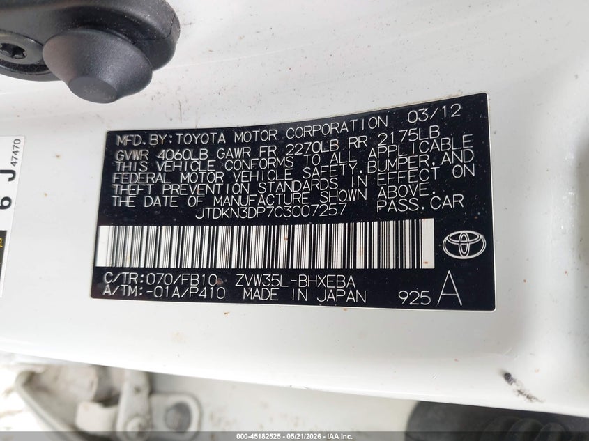 2012 Toyota Prius VIN JTDKN3DP7C3007257 IAAI salvage auction — FRONT END, Salvage (Ohio), sold $3,850 on 2026-07-17 (photo 9)