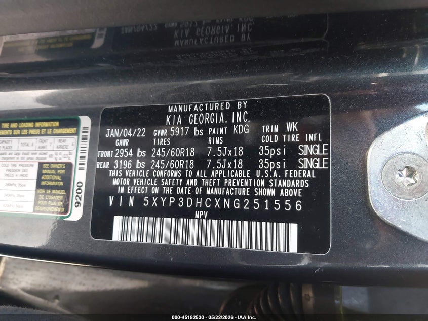2022 Kia Telluride VIN 5XYP3DHCXNG251556 IAAI salvage auction — FRONT END, Clear (Michigan), sold $10,250 on 2026-07-13 (photo 9)