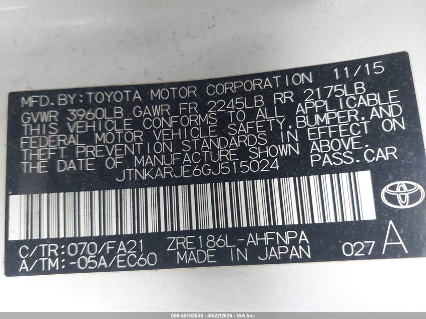 2016 Scion Im VIN JTNKARJE6GJ515024 IAAI salvage auction — FRONT END, Salvage (South Carolina), sold $1,550 on 2026-07-13 (photo 9)