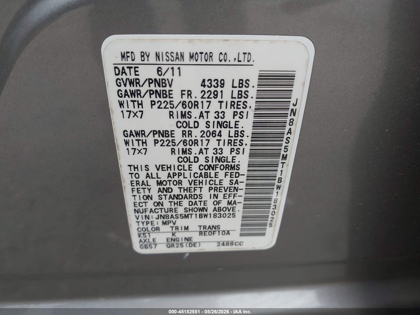 2011 Nissan Rogue VIN JN8AS5MT1BW183025 IAAI salvage auction — REAR END, Salvage (Georgia), sold $725 on 2026-07-16 (photo 9)