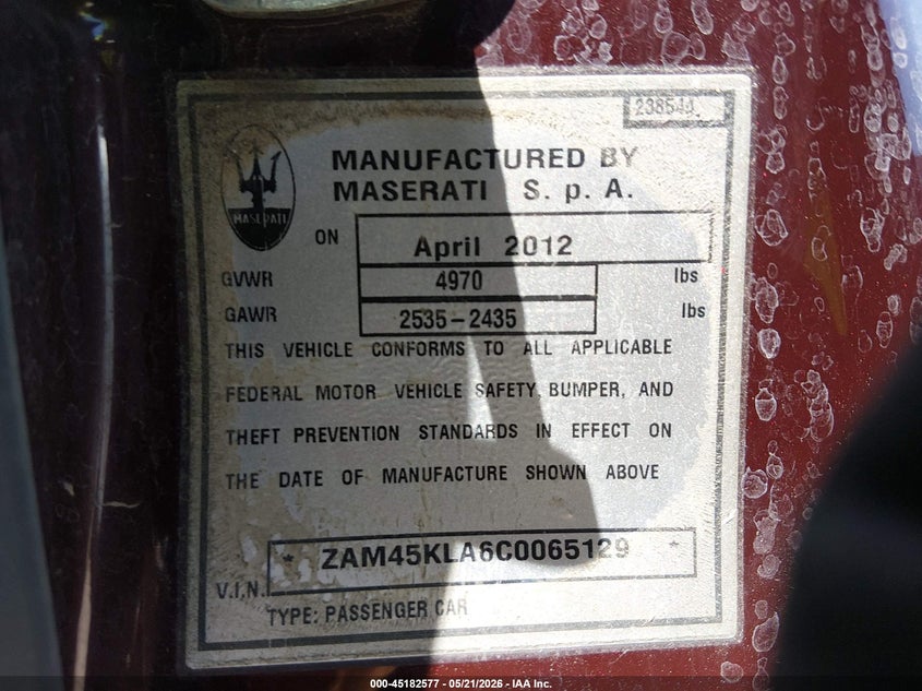 2012 Maserati Granturismo VIN ZAM45KLA6C0065129 IAAI salvage auction — LEFT SIDE, Salvage (California), sold $5,575 on 2026-07-29 (photo 9)