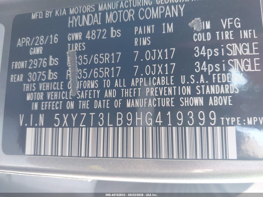 2017 Hyundai Santa fe VIN 5XYZT3LB9HG419399 IAAI salvage auction — SIDE, Salvage (California), sold $2,800 on 2026-07-13 (photo 9)