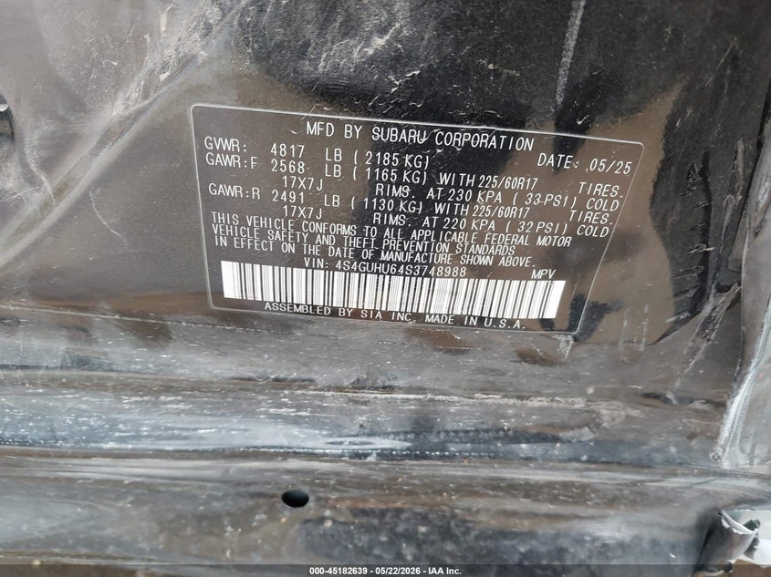 2025 Subaru Xv VIN 4S4GUHU64S3748988 IAAI salvage auction — LEFT SIDE, Original (Texas), sold $9,900 on 2026-07-28 (photo 9)