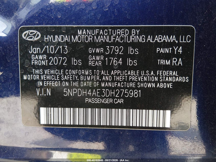 2013 Hyundai Elantra VIN 5NPDH4AE3DH275981 IAAI salvage auction — HAIL, Clear (Kansas), sold $1,200 on 2026-07-10 (photo 9)