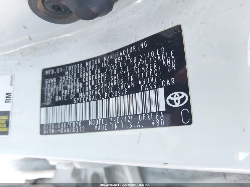 2020 Toyota Corolla VIN 5YFEPRAE3LP020978 IAAI salvage auction — REAR END, Salvage (California), sold $3,250 on 2026-07-08 (photo 9)