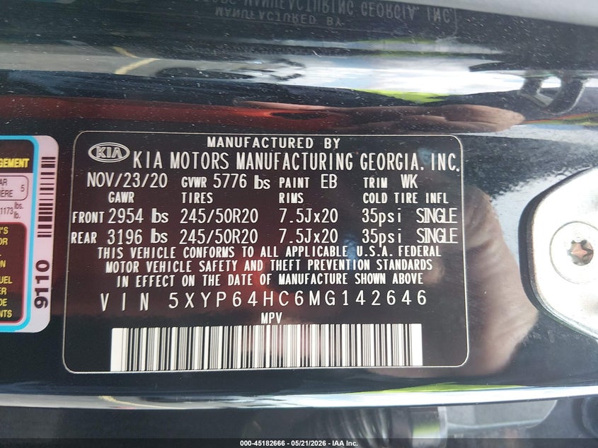 2021 Kia Telluride VIN 5XYP64HC6MG142646 IAAI salvage auction — LEFT SIDE, Rebuildable (Florida), sold $4,400 on 2026-07-09 (photo 9)