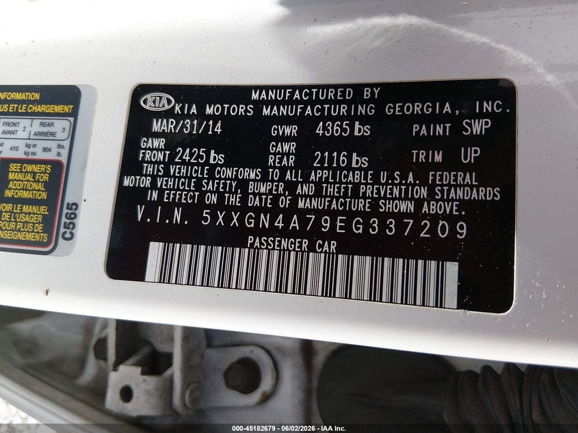 2014 Kia Optima VIN 5XXGN4A79EG337209 IAAI salvage auction — LEFT SIDE, Salvage Title, sold $425 on 2026-07-09 (photo 9)