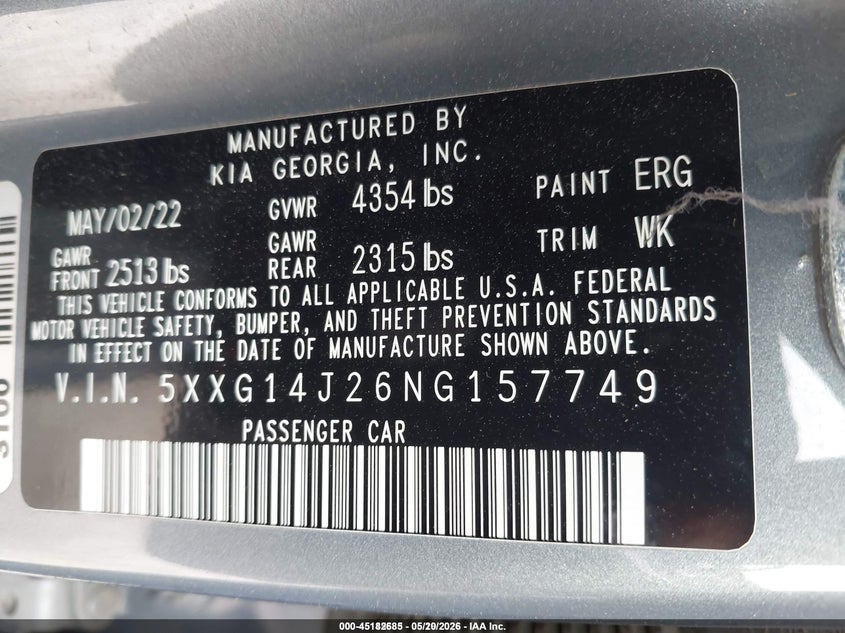 2022 Kia K5 VIN 5XXG14J26NG157749 IAAI salvage auction — FRONT END, Clear (Texas), sold $25 on 2026-07-06 (photo 9)
