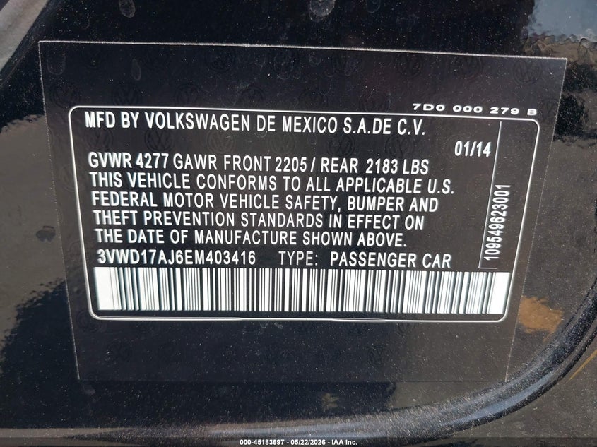 2014 Volkswagen Jetta VIN 3VWD17AJ6EM403416 IAAI salvage auction — FRONT END, Salvage (California), sold $575 on 2026-07-19 (photo 9)