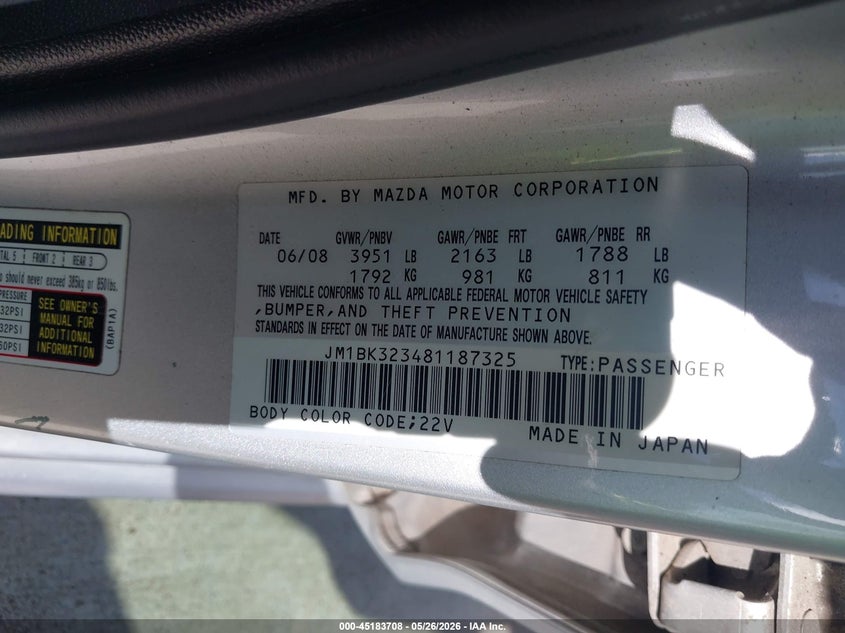 2008 Mazda 3 VIN JM1BK323481187325 IAAI salvage auction — NORMAL WEAR, Original (Texas), sold $825 on 2026-07-10 (photo 9)