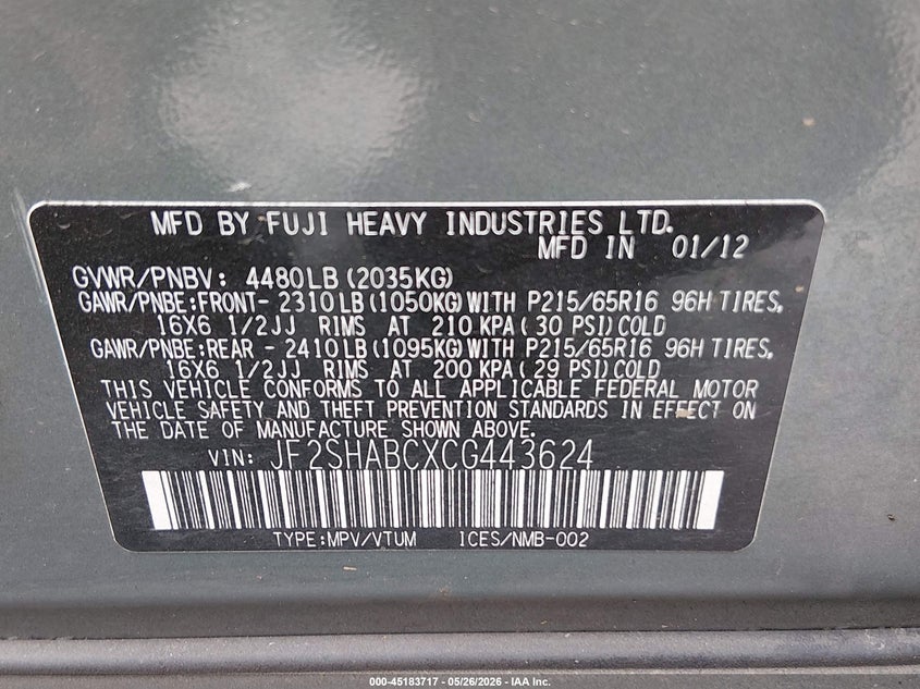 2012 Subaru Forester VIN JF2SHABCXCG443624 IAAI salvage auction — REAR END, Bill Of Sale (Washington), sold $1,350 on 2026-07-15 (photo 9)