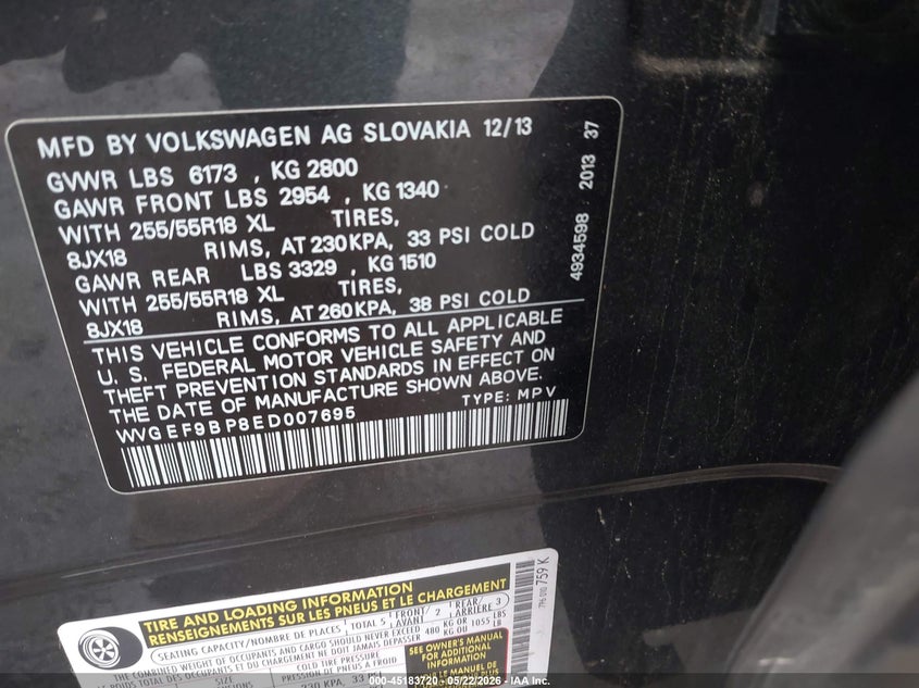 2014 Volkswagen Touareg VIN WVGEF9BP8ED007695 IAAI salvage auction — FRONT END, Salvage (Virginia), sold $825 on 2026-07-28 (photo 9)