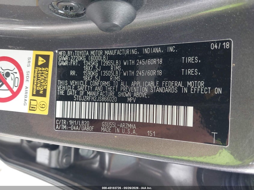2018 Toyota Highlander VIN 5TDJZRFH2JS866020 IAAI salvage auction — FRONT END, Salvage (Missouri), sold $7,150 on 2026-07-07 (photo 9)