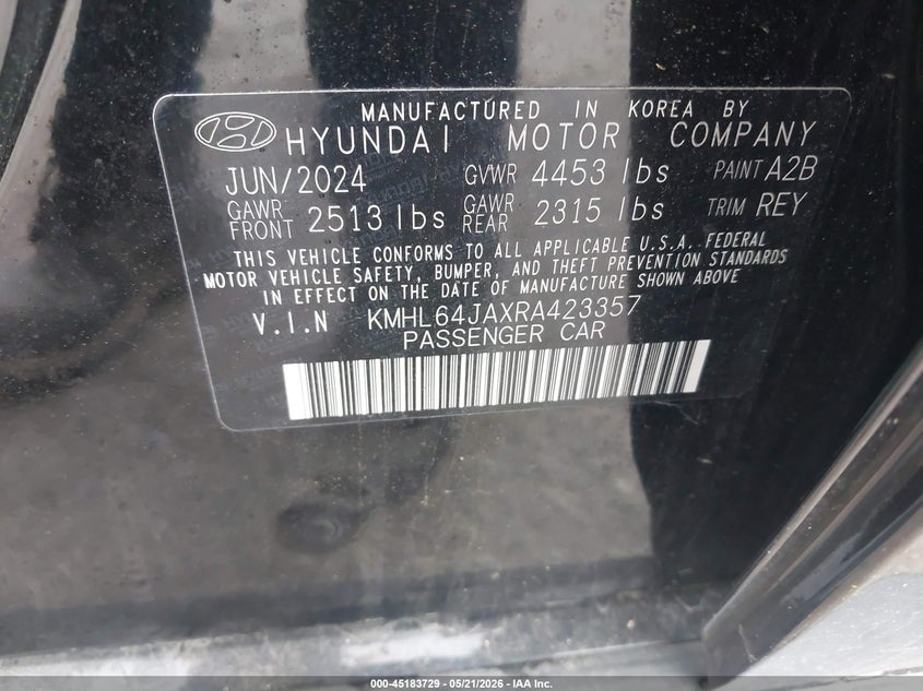 2024 Hyundai Sonata VIN KMHL64JAXRA423357 IAAI salvage auction — REAR END, Salvage (Pennsylvania), sold $8,200 on 2026-07-24 (photo 9)
