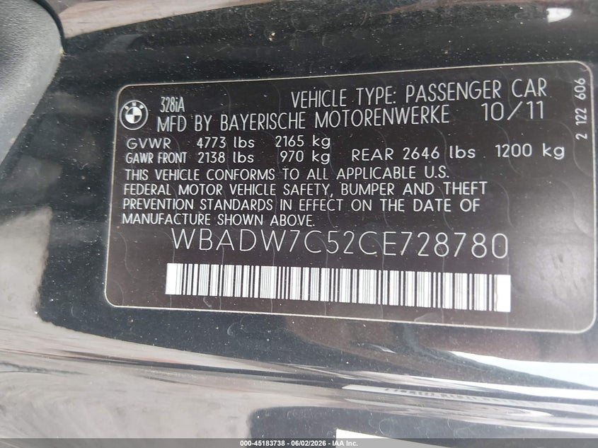 2012 BMW 3er VIN WBADW7C52CE728780 IAAI salvage auction — FRONT END, Salvage Title, sold $1,100 on 2026-07-11 (photo 9)