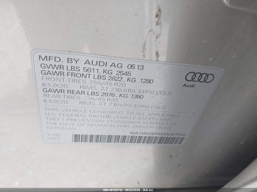 2013 Audi Q5 VIN WA1WGAFP0DA097968 IAAI salvage auction — FRONT END, Salvage (Georgia), sold $2,000 on 2026-08-27 (photo 9)