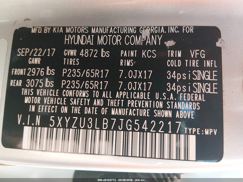 2018 Hyundai Santa fe VIN 5XYZU3LB7JG542217 IAAI salvage auction — FRONT END, Salvage (Georgia), sold $3,350 on 2026-07-24 (photo 9)