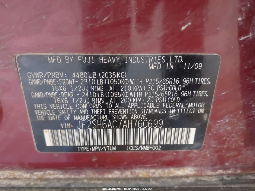 2010 Subaru Forester VIN JF2SH6AC7AH760699 IAAI salvage auction — NORMAL WEAR, Clear (Michigan), sold $375 on 2026-07-28 (photo 9)