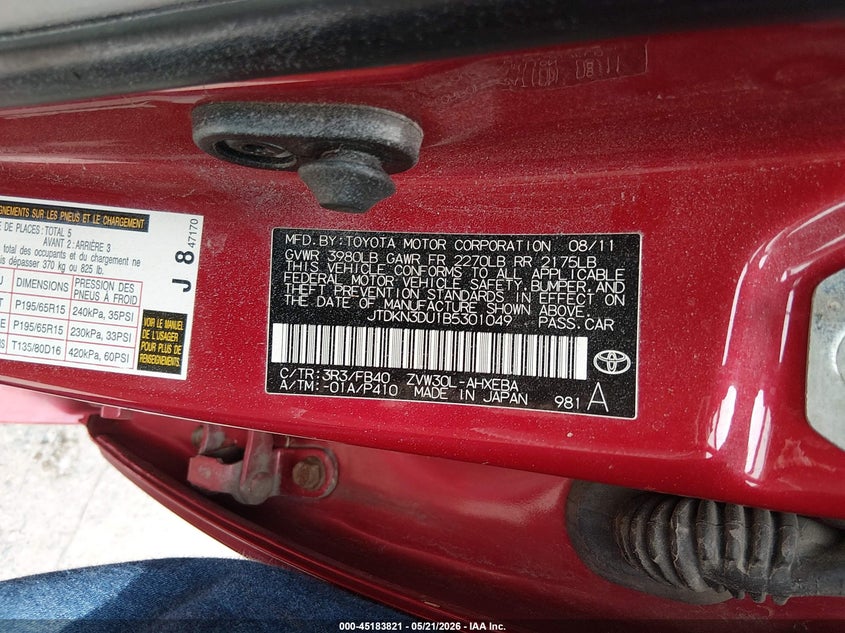 2011 Toyota Prius VIN JTDKN3DU1B5301049 IAAI salvage auction — FRONT END, Salvage (Maine), sold $600 on 2026-07-09 (photo 9)