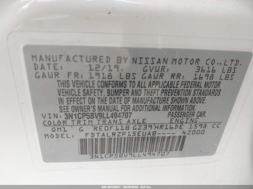 2020 Nissan Kicks VIN 3N1CP5BV9LL494707 IAAI salvage auction — FRONT & REAR, Salvage Title, sold $575 on 2026-07-28 (photo 9)