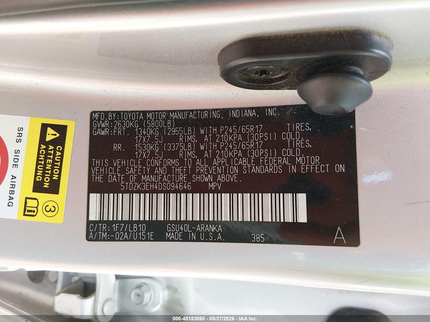 2013 Toyota Highlander VIN 5TDZK3EH4DS094646 IAAI salvage auction — HAIL, Salvage Title, sold $4,500 on 2026-07-13 (photo 9)