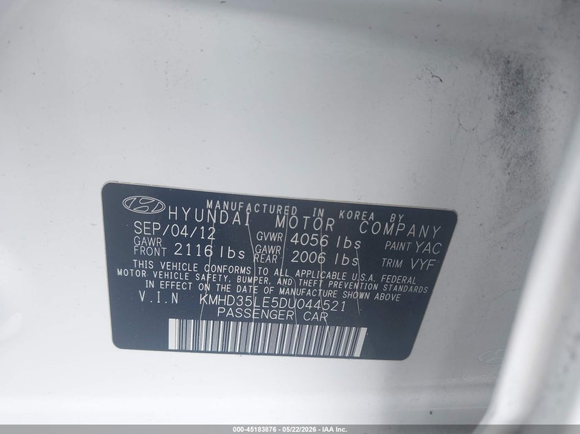 2013 Hyundai Elantra VIN KMHD35LE5DU044521 IAAI salvage auction — FRONT & REAR, Rebuildable (Florida), sold $425 on 2026-07-21 (photo 9)