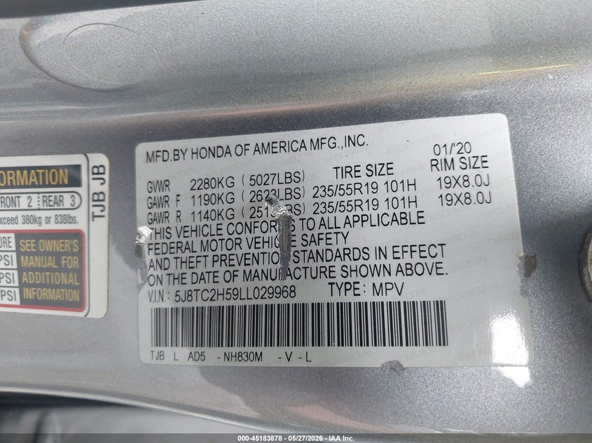 2020 Acura Rdx VIN 5J8TC2H59LL029968 IAAI salvage auction — HAIL, Salvage (Ohio), sold $9,400 on 2026-07-28 (photo 9)