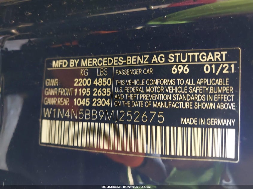 2021 Mercedes-benz VIN W1N4N5BB9MJ252675 IAAI salvage auction — LEFT SIDE, Salvage (Louisiana), sold $5,100 on 2026-07-13 (photo 9)