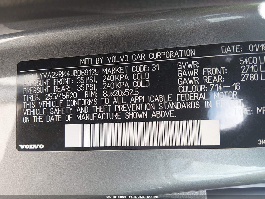 2018 Volvo Xc60 VIN LYVA22RK4JB069129 IAAI salvage auction — FRONT END, Original (Texas), sold $7,400 on 2026-07-28 (photo 9)