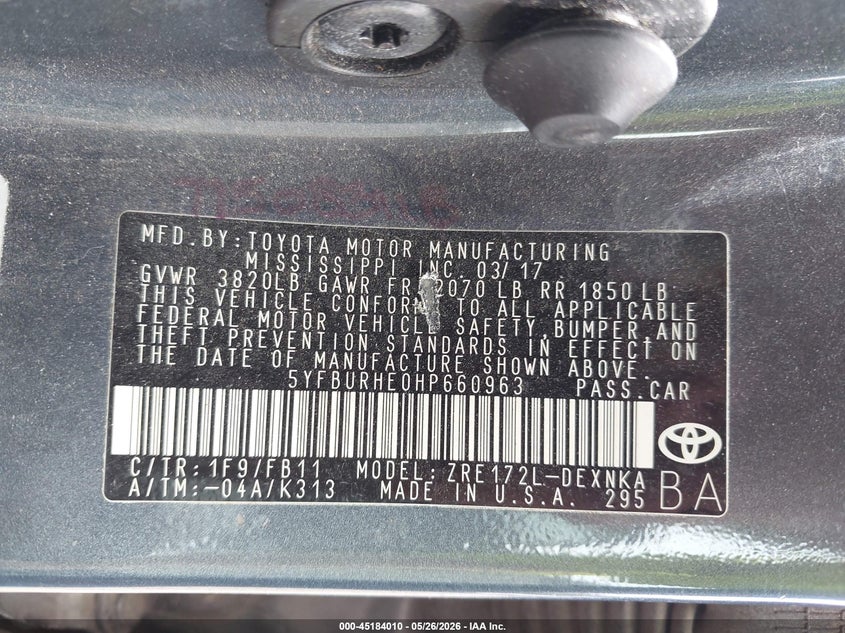 2017 Toyota Corolla VIN 5YFBURHE0HP660963 IAAI salvage auction — FRONT END, Clear (Indiana), sold $2,900 on 2026-07-07 (photo 9)