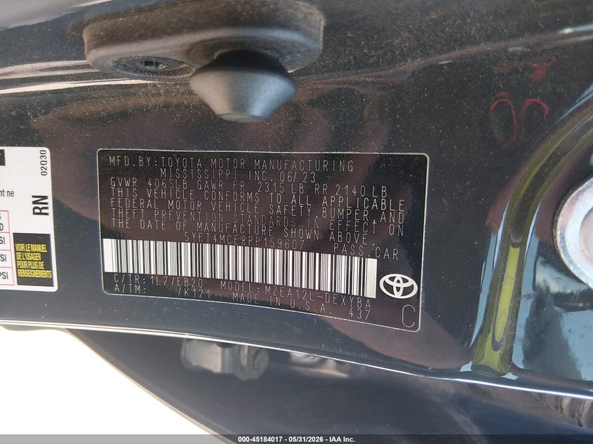 2023 Toyota Corolla VIN 5YFT4MCE8PP159607 IAAI salvage auction — HAIL, Salvage (Kansas), sold $11,975 on 2026-07-31 (photo 9)