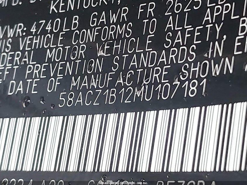 2021 Lexus ES VIN 58ACZ1B12MU107181 IAAI salvage auction — SIDE, Salvage (Texas), sold $10,100 on 2026-07-31 (photo 9)