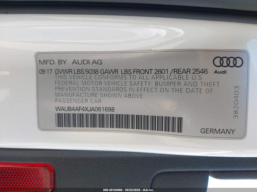 2018 Audi S4 VIN WAUB4AF4XJA061698 IAAI salvage auction — RIGHT FRONT, Salvage (Texas), sold $9,850 on 2026-07-30 (photo 9)