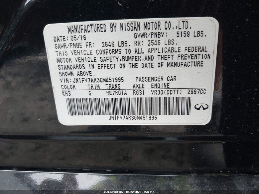 2016 Infiniti Q50 VIN JN1FV7AR3GM451995 IAAI salvage auction — NORMAL WEAR, Clear (North Carolina), sold $700 on 2026-07-29 (photo 9)