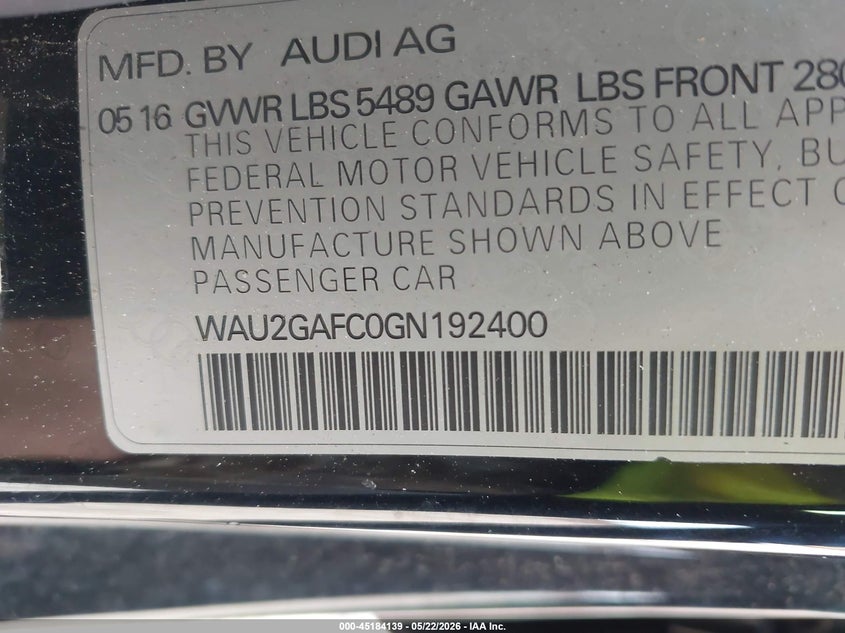 2016 Audi A7 VIN WAU2GAFC0GN192400 IAAI salvage auction — UNKNOWN, Salvage (North Carolina), sold $1,500 on 2026-07-27 (photo 9)