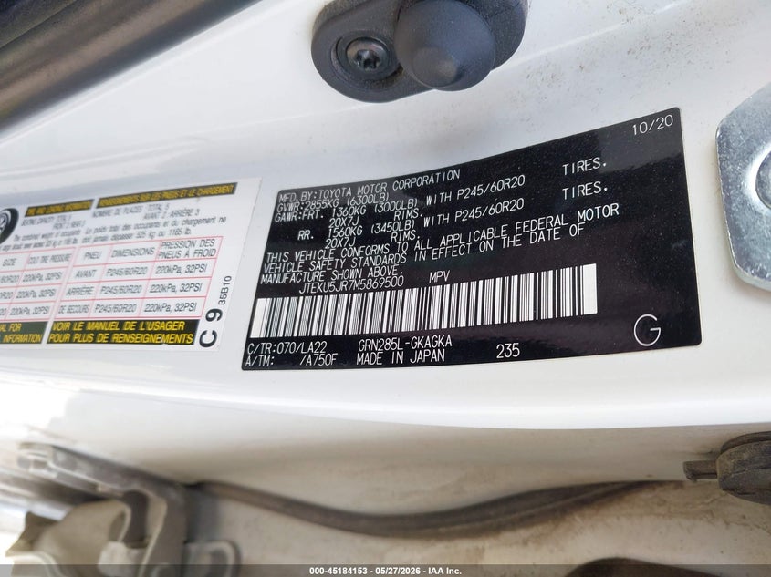 2021 Toyota 4runner VIN JTEKU5JR7M5869500 IAAI salvage auction — RIGHT FRONT, Salvage Title, sold $7,600 on 2026-07-17 (photo 9)