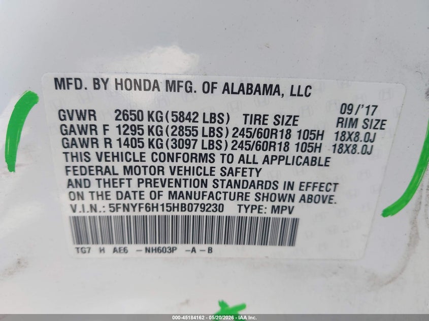 2017 Honda Pilot VIN 5FNYF6H15HB079230 IAAI salvage auction — LEFT SIDE, Salvage (Oregon), sold $5,550 on 2026-07-09 (photo 9)