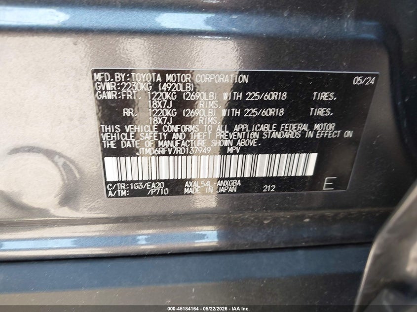 2024 Toyota VIN JTMD6RFV7RD137949 IAAI salvage auction — RIGHT SIDE, Original (Texas), sold $14,100 on 2026-07-23 (photo 9)