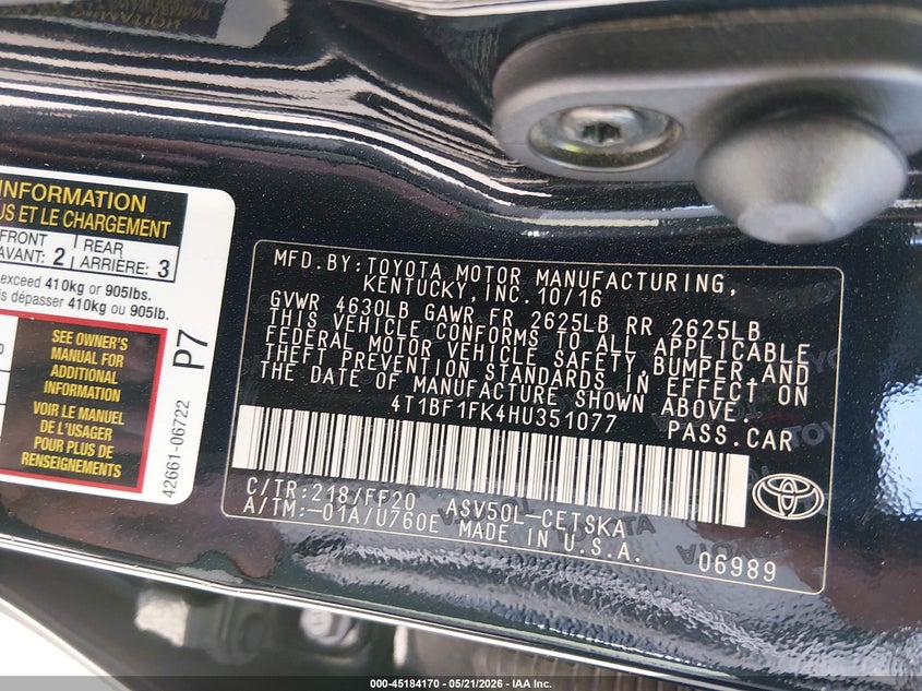 2017 Toyota Camry VIN 4T1BF1FK4HU351077 IAAI salvage auction — REAR END, Salvage (California), sold $2,550 on 2026-07-09 (photo 9)