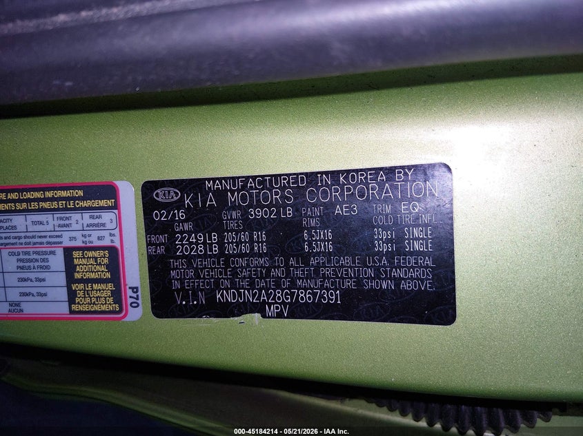 2016 Kia Soul VIN KNDJN2A28G7867391 IAAI salvage auction — FRONT END, Salvage (Oregon), sold $575 on 2026-07-16 (photo 9)
