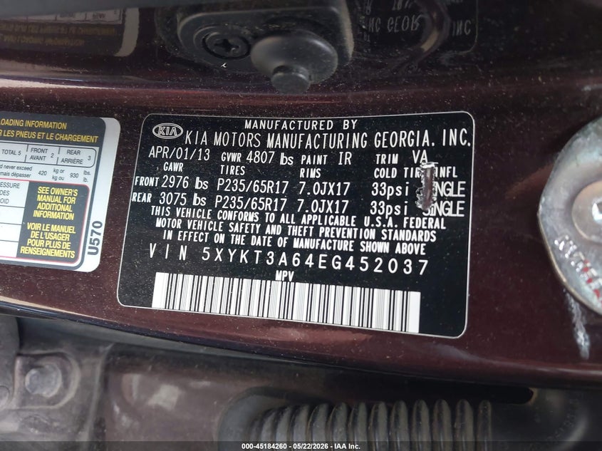 2014 Kia Sorento VIN 5XYKT3A64EG452037 IAAI salvage auction — SIDE, Bill Of Sale (Washington), sold $1,350 on 2026-07-14 (photo 9)