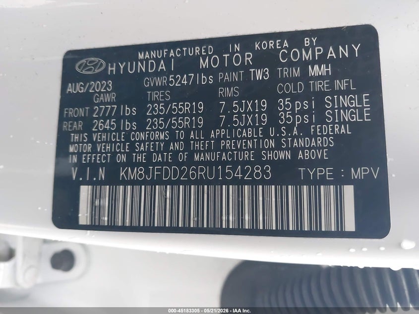 2024 Hyundai Tucson VIN KM8JFDD26RU154283 IAAI salvage auction — FRONT END, Salvage (Pennsylvania), sold $3,500 on 2026-08-01 (photo 9)