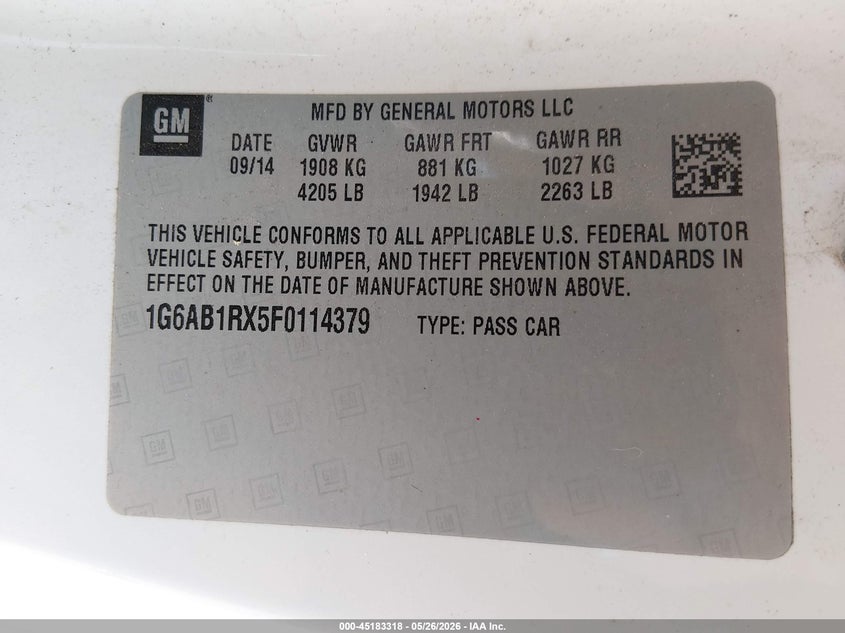 2015 Cadillac Ats VIN 1G6AB1RX5F0114379 IAAI salvage auction — HAIL, Salvage (Kansas), sold $3,875 on 2026-09-04 (photo 9)